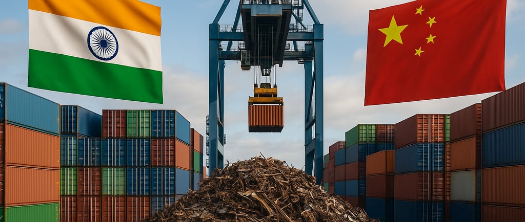Scrap pile at port with crane and India-China flags.