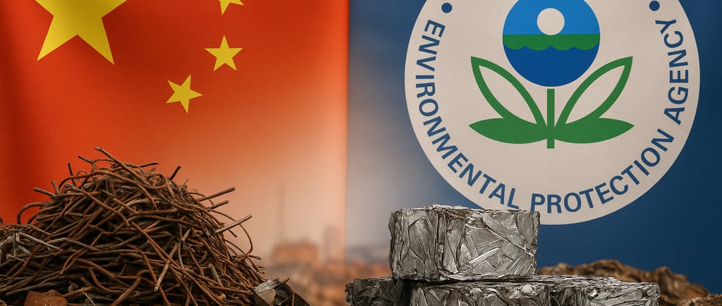 Scrap metal pile with Chinese flag and US EPA seal in background.