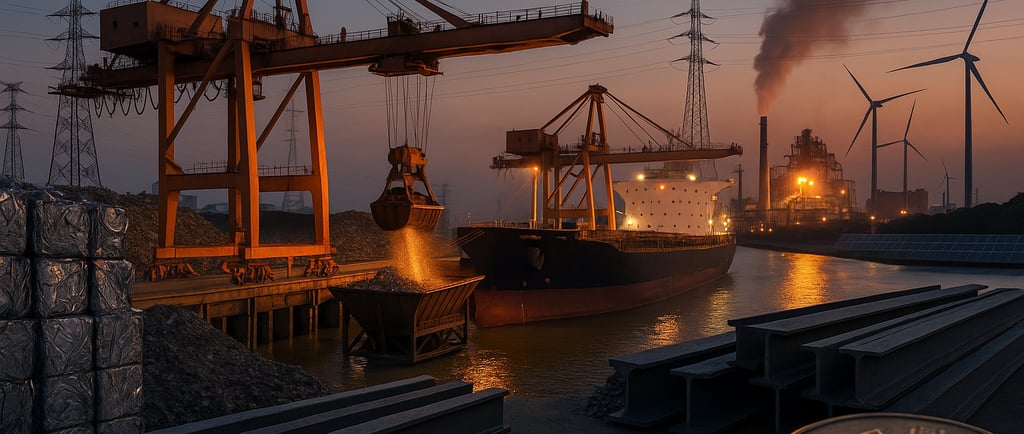 Chinese steel port with scrap bales, cranes, cargo ship, and EAF mill glow at dusk.