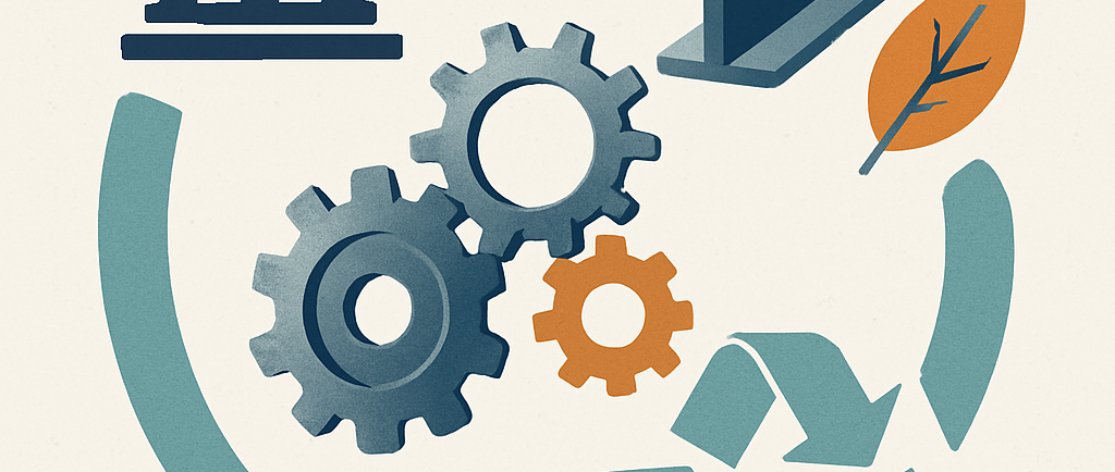 digital illustration representing the circular economy in metals, featuring gears, a steel beam, a l