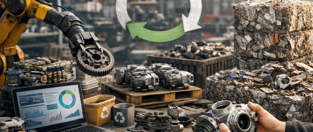 Circular KPIs dashboard beside remanufactured parts and sorted scrap in an industrial facility.