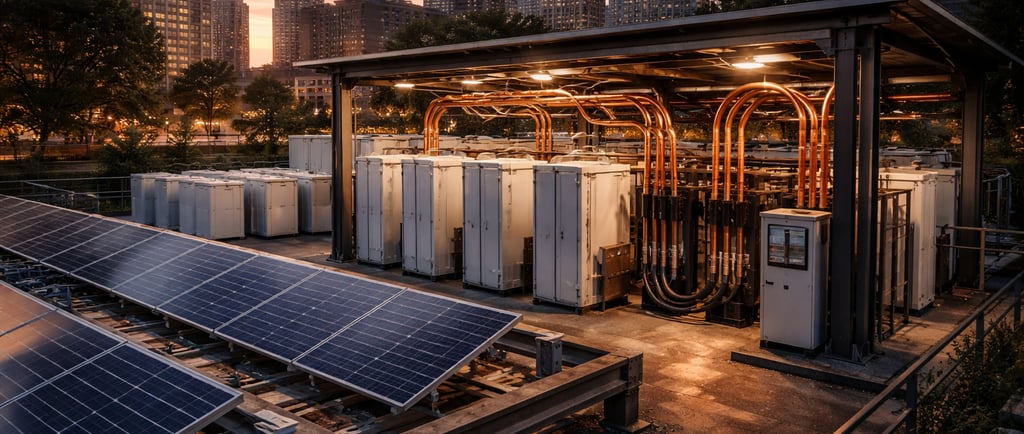 Solar panels and battery microgrid with exposed copper busbars under a metal canopy in urban setting