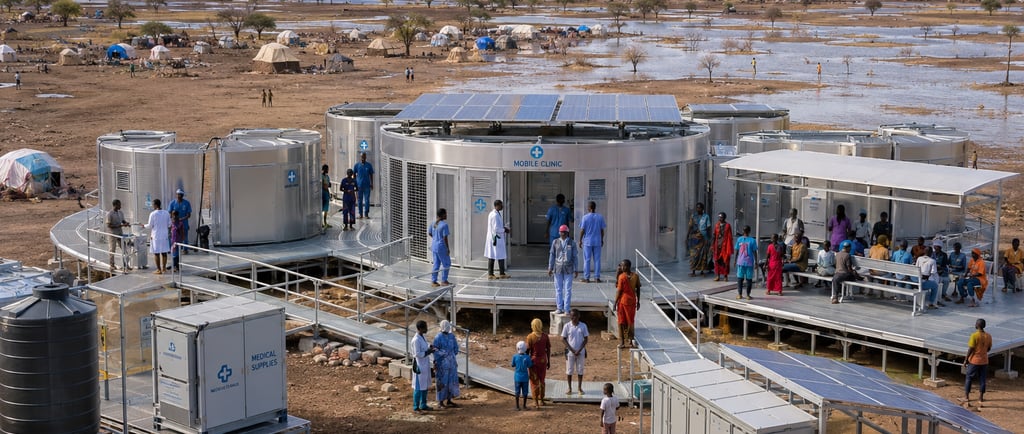 Modular mobile clinic supporting displaced families with solar power and raised walkways.