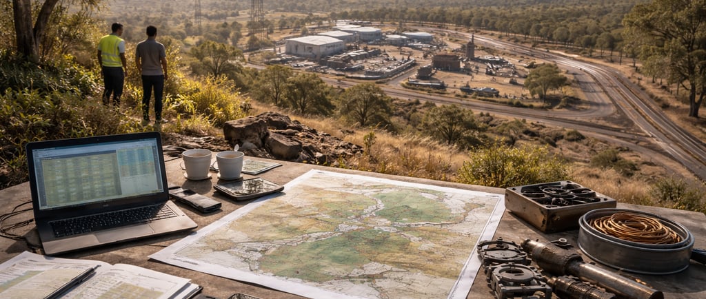 Australian landscape with rail, power infrastructure, and a planning table with maps and metal