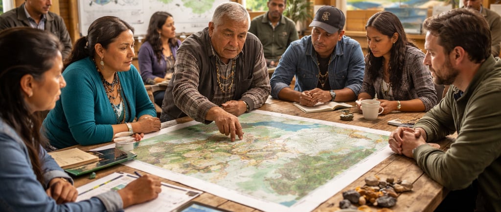 First Nations team reviewing land maps for metals stewardship and circular systems.