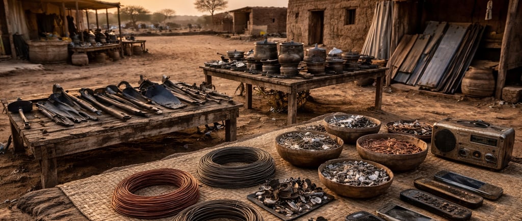 Reused metal tools, scrap parts, and old phones arranged on mats in a Sahel village market at sunset