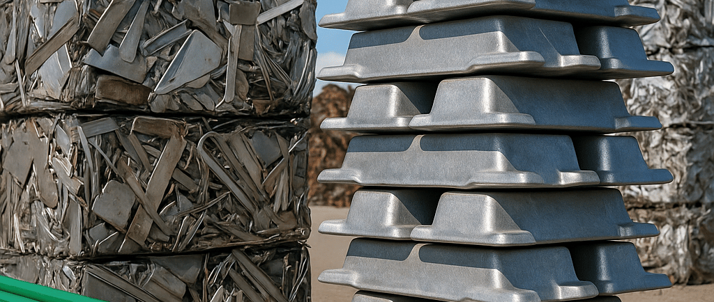 Stacks of green metal pipes, aluminum ingots, and compressed scrap metal bales at a recycling yard 