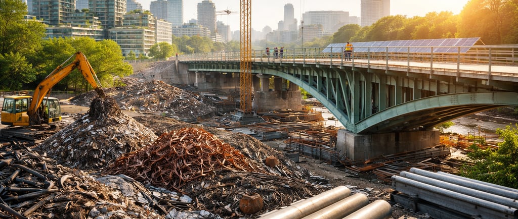 Recycled metal stockpiles beside a city bridge project, showing circular procurement