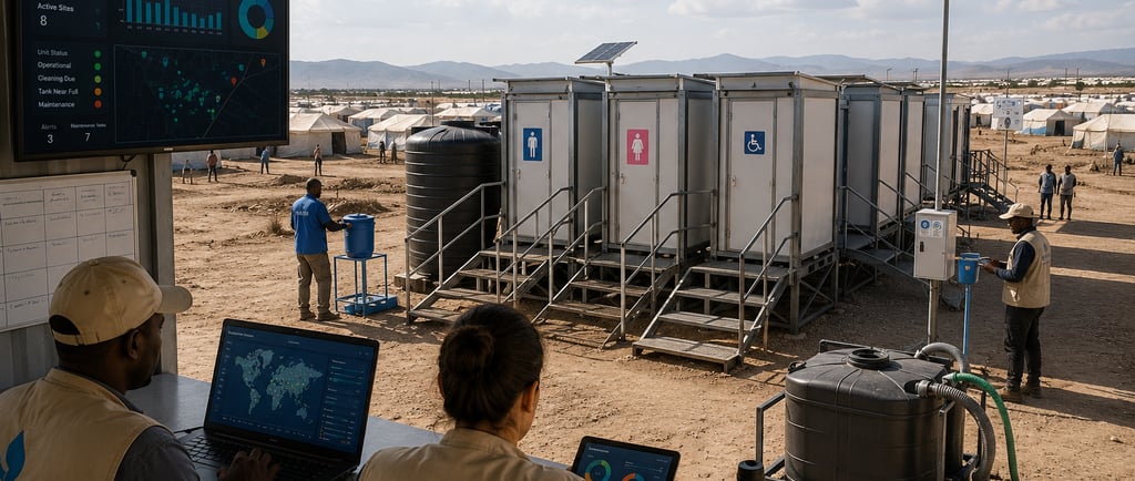 Solar-powered modular toilets with metal frames in a climate migration settlement.