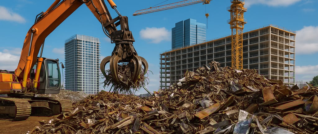  Excavator lifting scrap metal at a recycling yard with cranes and urban buildings under constructio