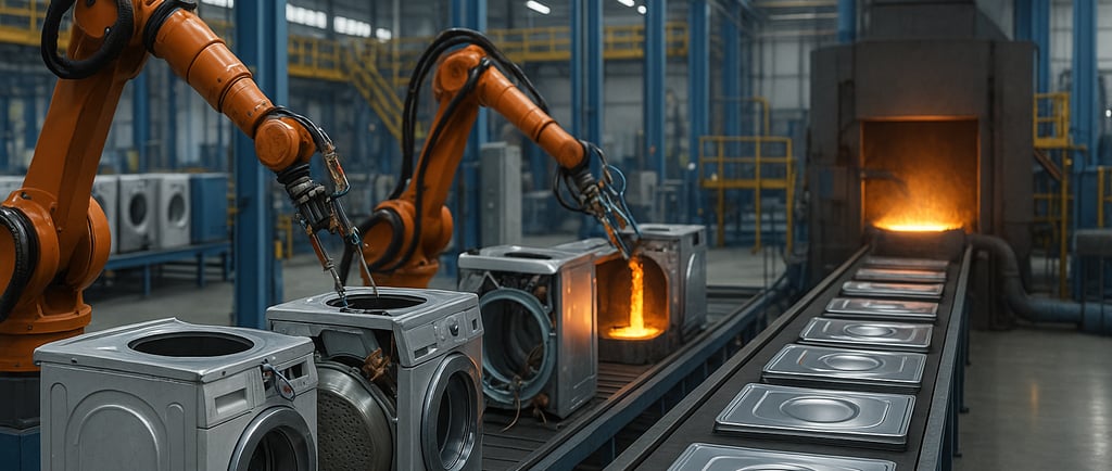 Robotic arms recycle old washing machines into new metal panels.