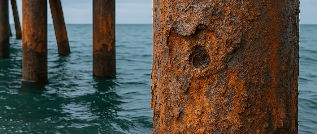 Rusted steel pier pilings in seawater with waves and cloudy sky.