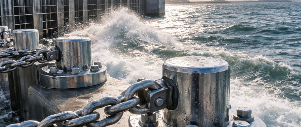 Stainless steel bollards & chain on a coastal seawall hit by waves and sea spray near a working port