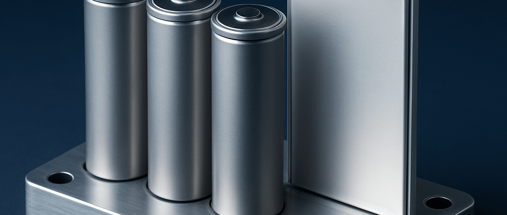 Cobalt-free cylindrical and solid-state batteries on a metallic platform with a dark blue background