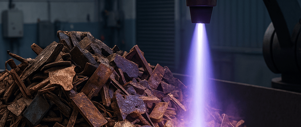 Plasma torch emitting purple beam onto copper scrap in an industrial setting.