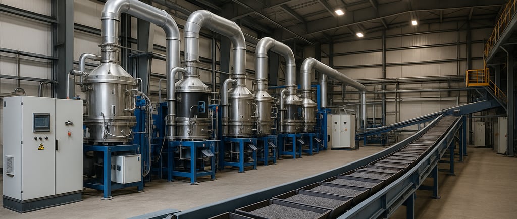 Industrial facility with plasma reactors and conveyor belts processing nickel materials.