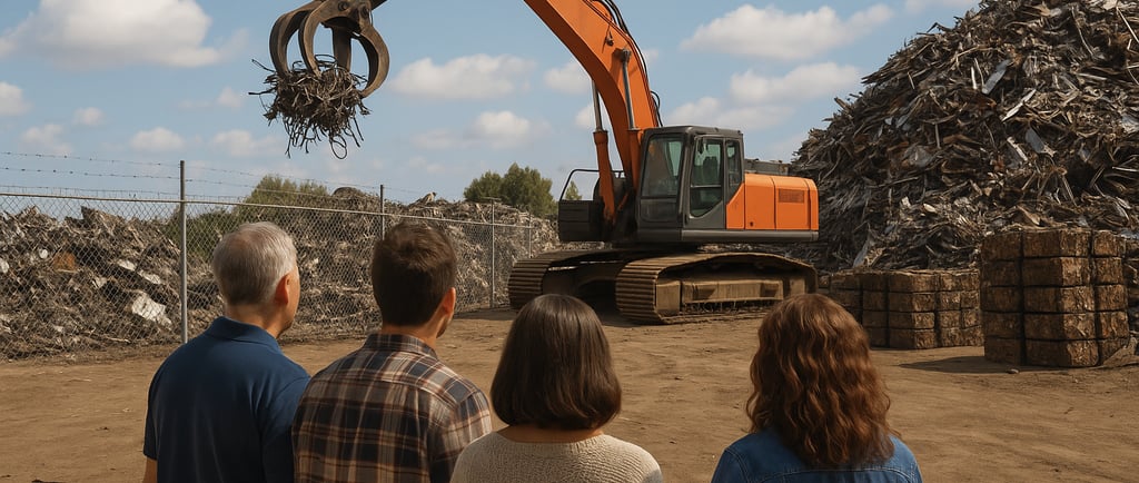 Four people watch an orange excavator lift scrap metal in a recycling yard.
