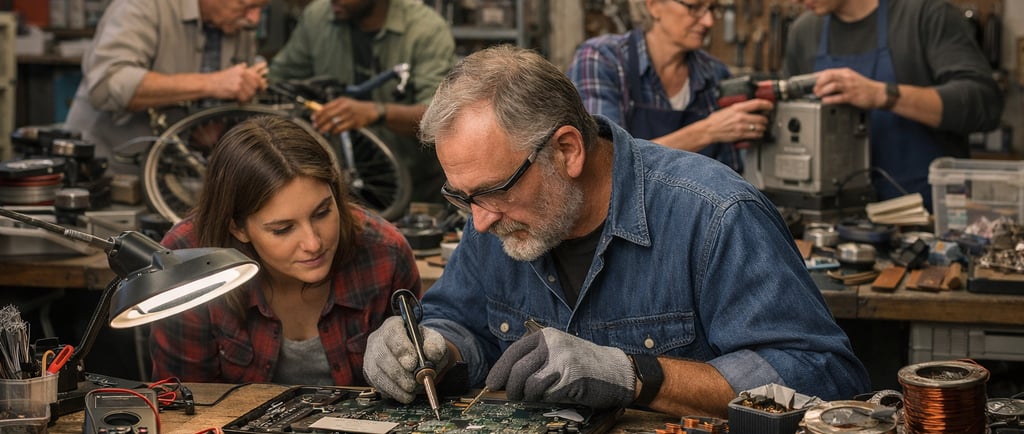 Volunteers repairing electronics and bicycles at a community repair clinic with sorted metal parts f