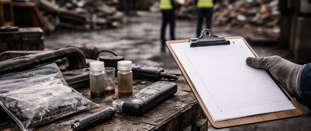 Scrapyard inspection scene with clipboard, sealed sample vials, PPE, and blurred scrap piles in back