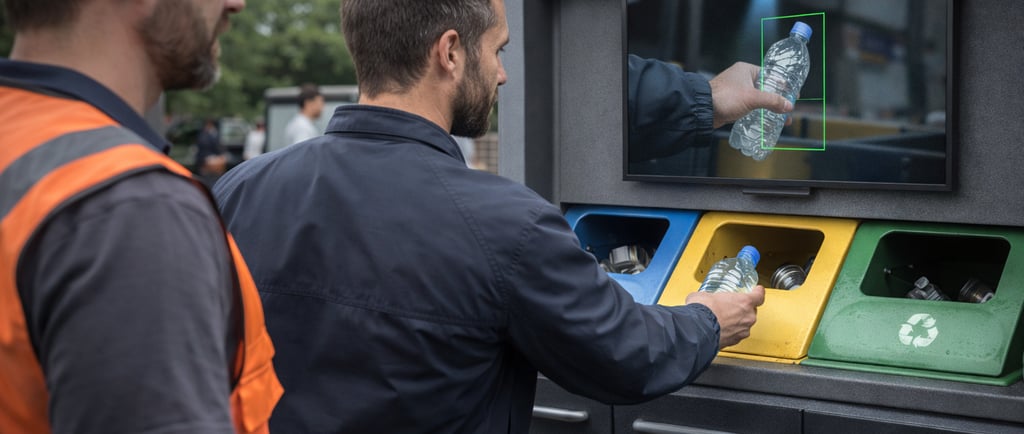 Resident using a smart recycling drop-off station while a staff member oversees AI-assisted sorting.