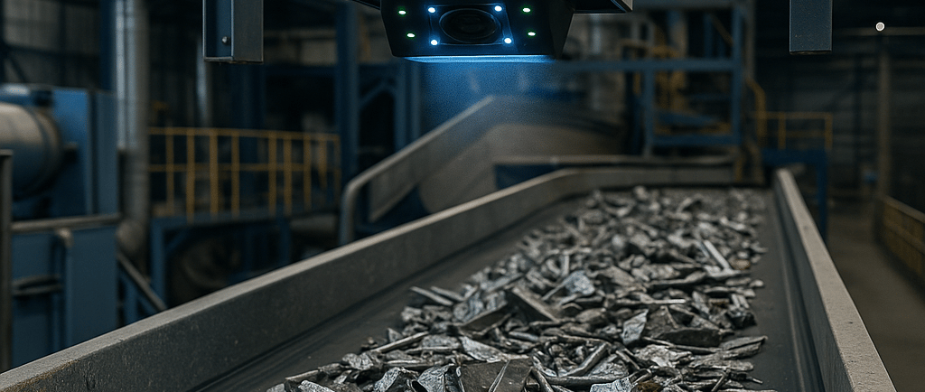 Conveyor belt with metal scrap under an overhead computer vision camera in a recycling facility.