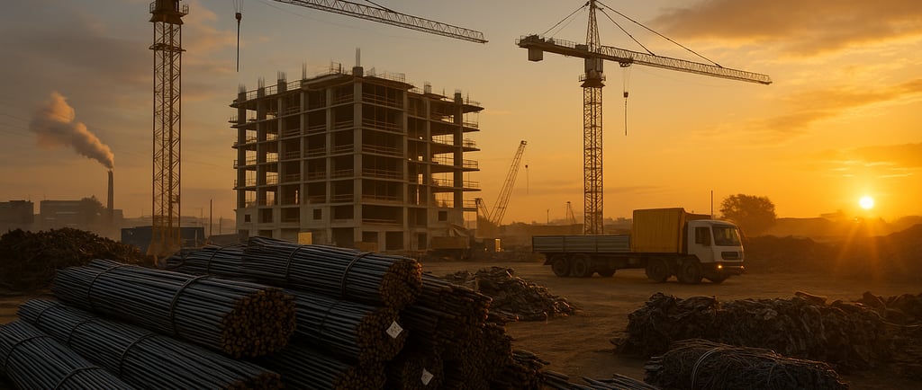Urban construction site at sunset with stacked rebar bundles, cranes, and scrap piles.