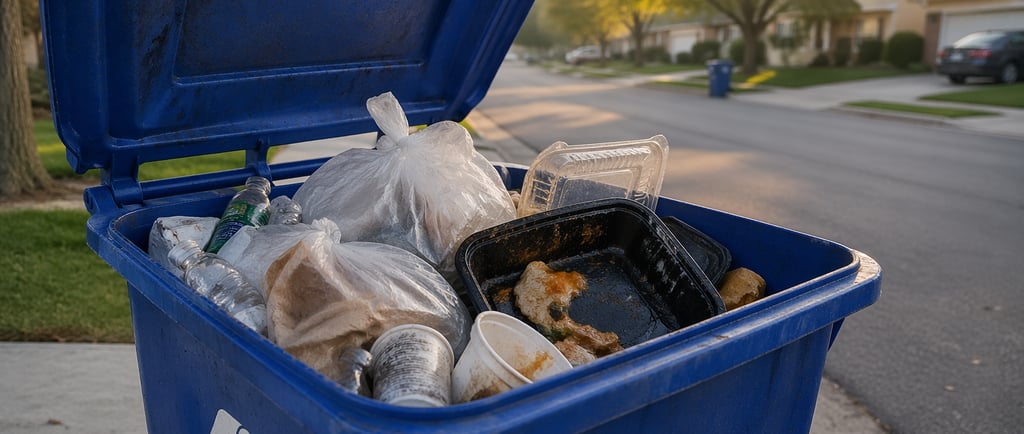 Open curbside recycling bin with plastic bags, food waste, and mixed contamination.