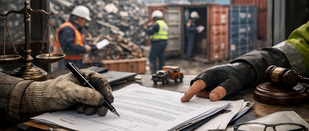 Gloved hands signing a scrap shipment contract, with containers and a scrap pile behind.