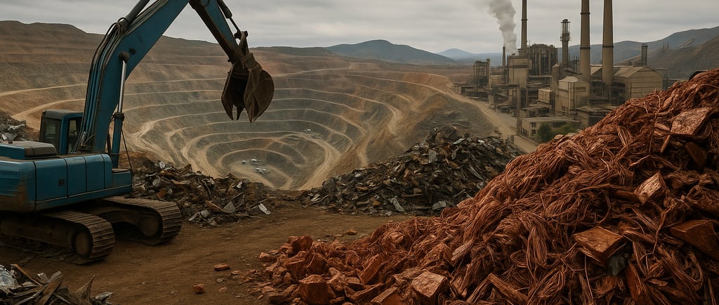 Copper mine with excavator and large piles of copper scrap under cloudy skies.