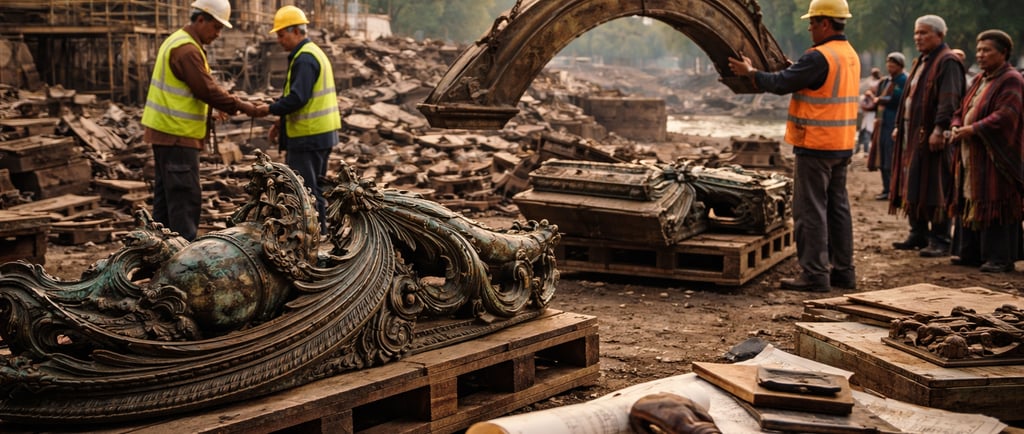 Careful salvage of historic bronze and copper architectural metalwork at a heritage site