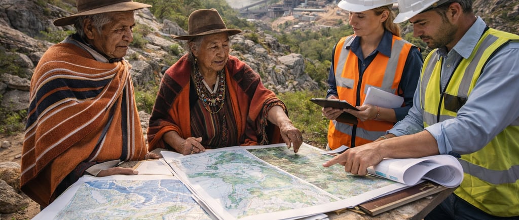 Community elders and industrial staff reviewing maps on culturally significant land