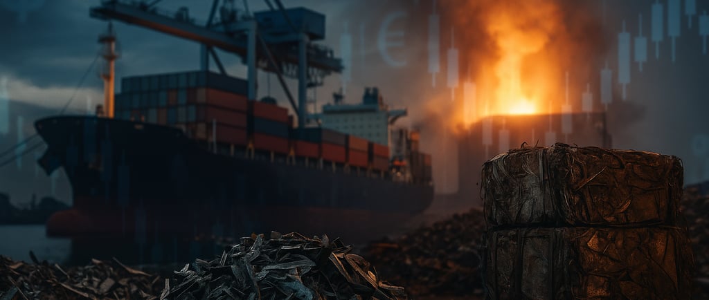 Scrap piles at port with cargo ship and furnace glow, symbolizing FX impact on metal trade