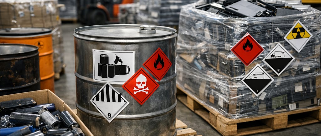 E-scrap warehouse with lithium batteries, hazardous drums, and palletized electronics.