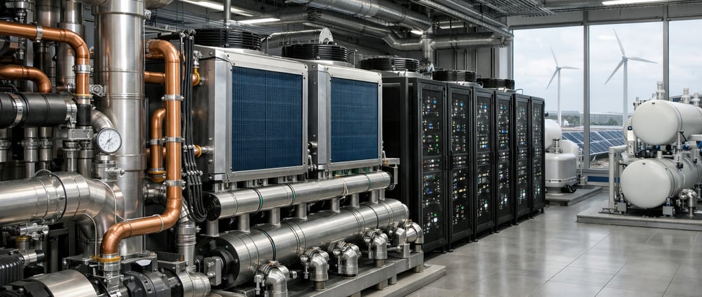 High-detail data center cooling system with stainless steel and copper piping, heat exchangers.