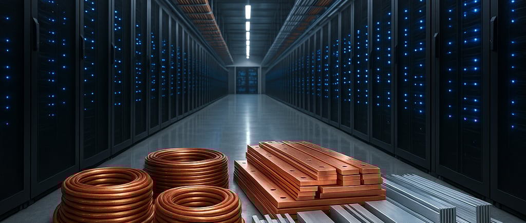 Copper coils and aluminum profiles stacked inside a modern data center hallway.