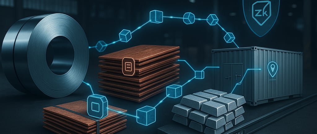 Blockchain-linked metals symbolizing decentralized EPR traceability.