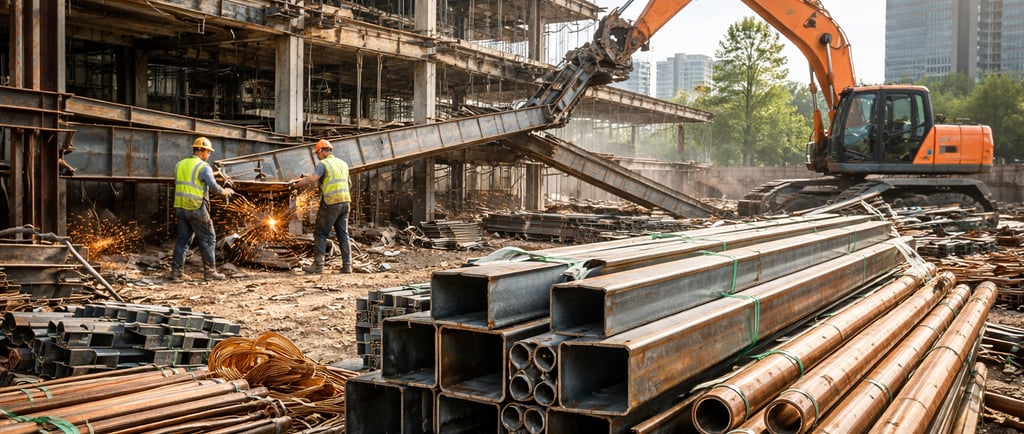 Workers dismantle a building to salvage stacked steel beams and bundled copper pipes beside a crane