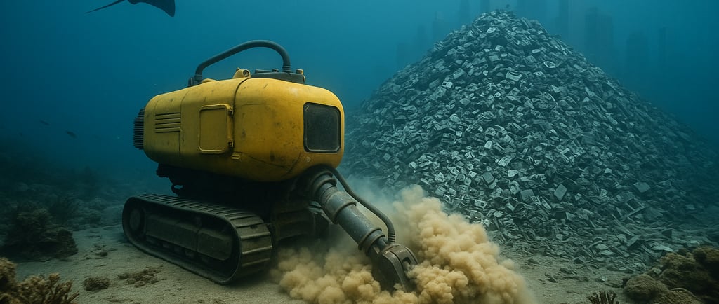Underwater scene with a yellow mining vehicle, e-waste pile, and a manta ray near a distant city sky