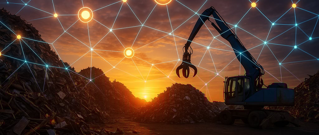 Scrap metal yard at sunset with blockchain network overlay