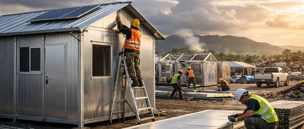 Workers assembling modular metal shelters at a disaster recovery site.