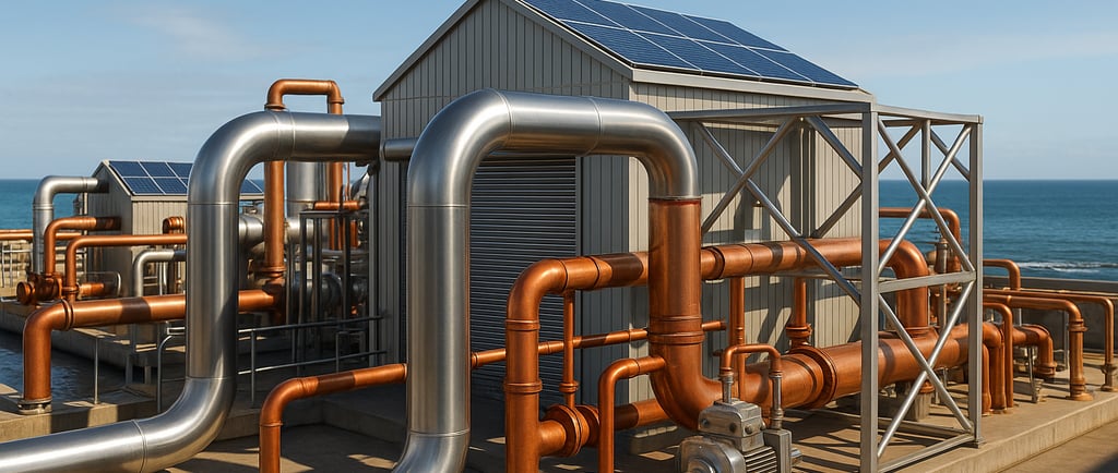 Desalination plant with copper and steel pipes, solar-panel roof, and ocean backdrop.