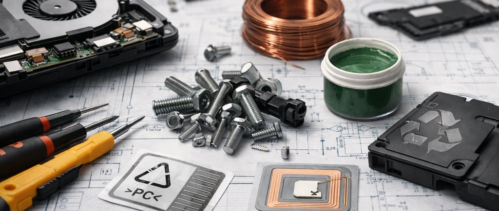 Disassembled electronics on a blueprint with screws, clips, copper coil, coatings sample,