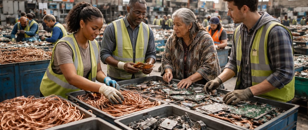 People sorting e-waste and copper in a recycling warehouse
