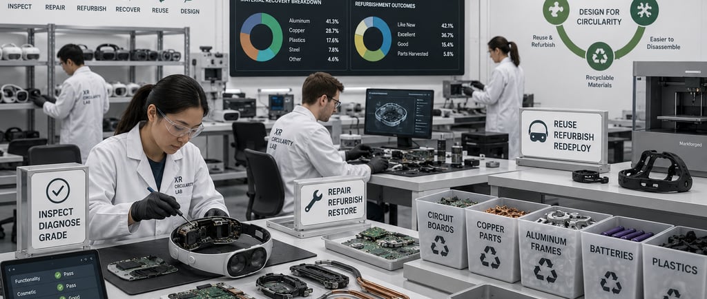 Technicians inspect returned XR headsets and reusable electronics parts in a circularity lab.