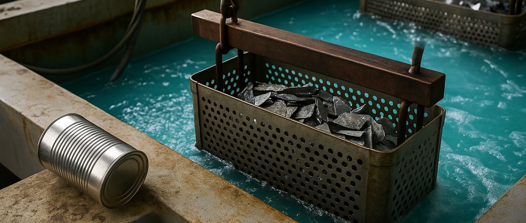 Scrap metal baskets in bubbling electrolytic de-tinning tanks.
