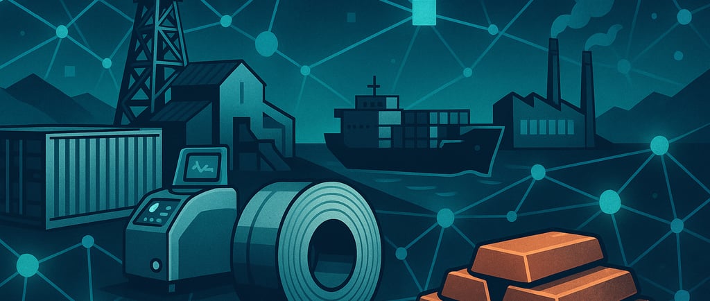 Blockchain connected metals supply chain with mine, factory, ship, steel coil, and copper ingots