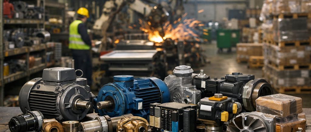 Industrial spare parts on a factory workbench.
