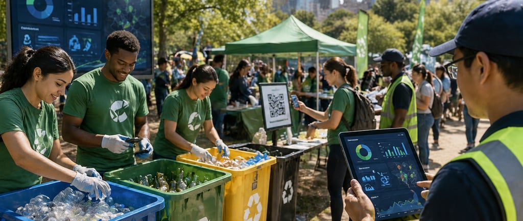 Volunteers sort recyclables at a city park event while staff track impact on a tablet dashboard.