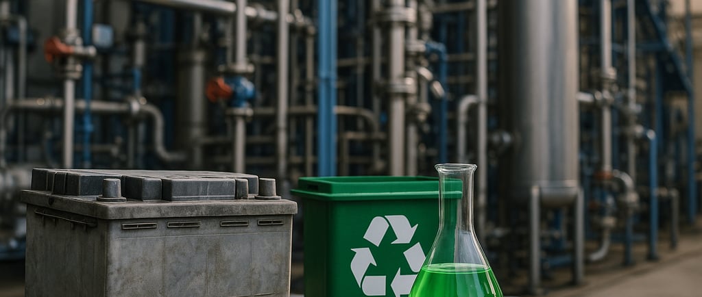 Lead-acid battery, recycling bin, and green liquid flask in an industrial recycling facility.