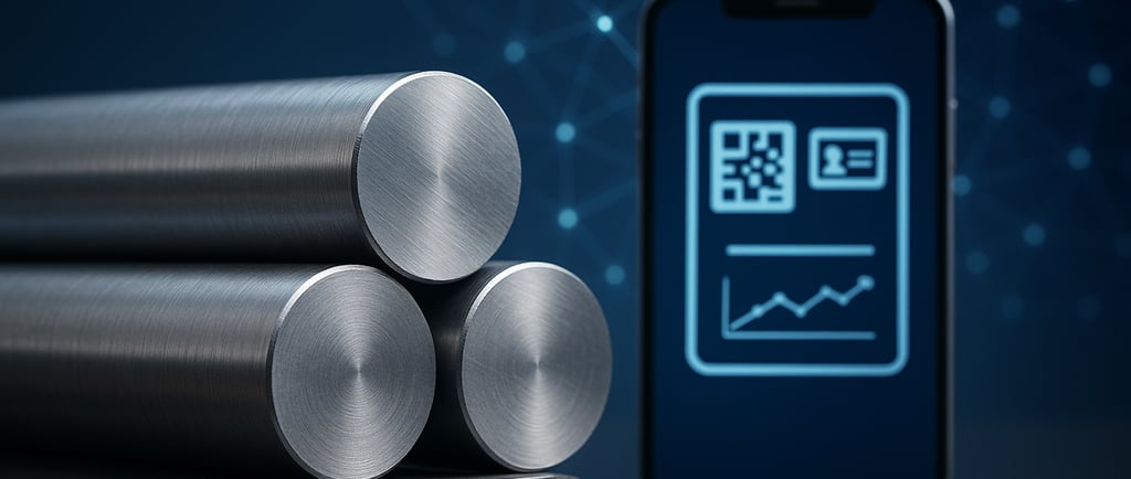 Stacked metal rods beside a smartphone displaying a digital interface with a blockchain background.